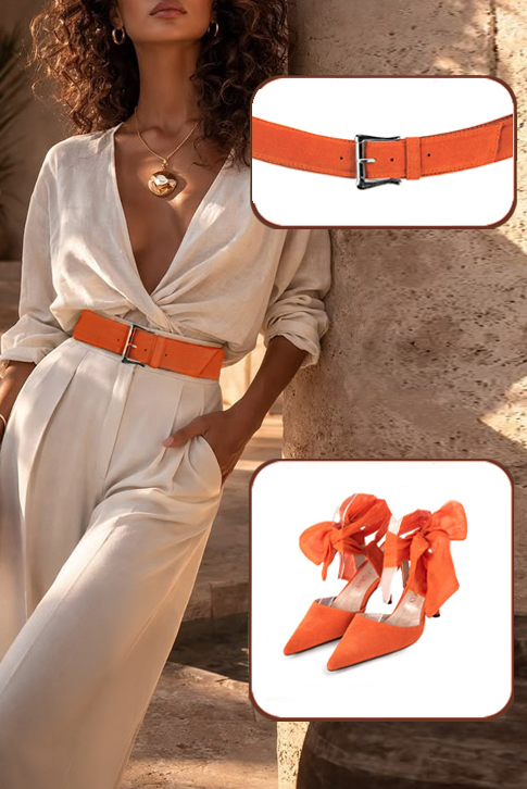 Dress closed-toe heels ankle scarf in clementine orange and apricot orange leather with high slim heels and pointed toe - Top view